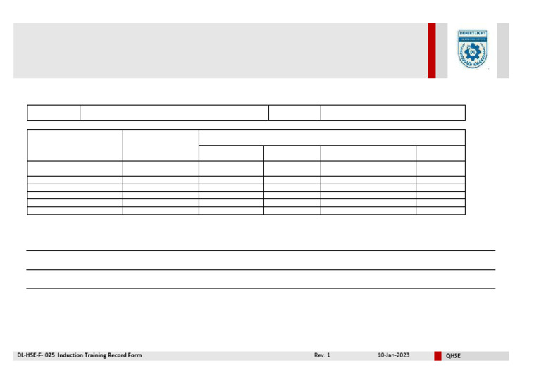 DL-HSE-F-025 Induction Training Record Form | PDF