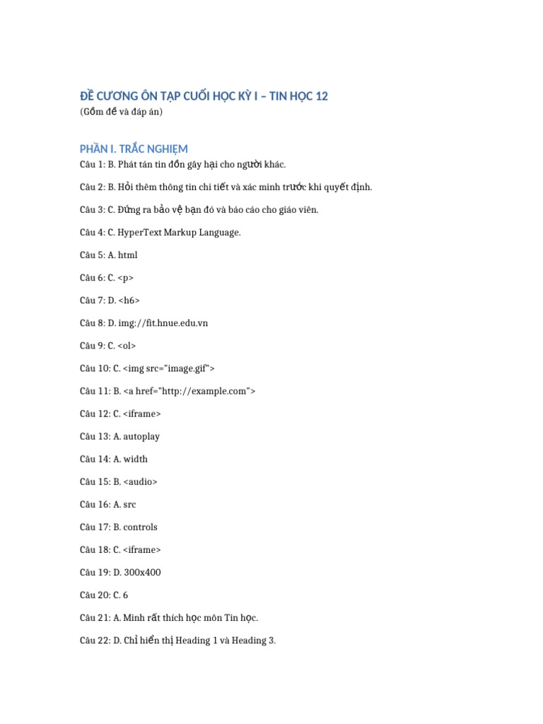 De Va Dap An Tin 12 Cuoi Ky 1 | PDF