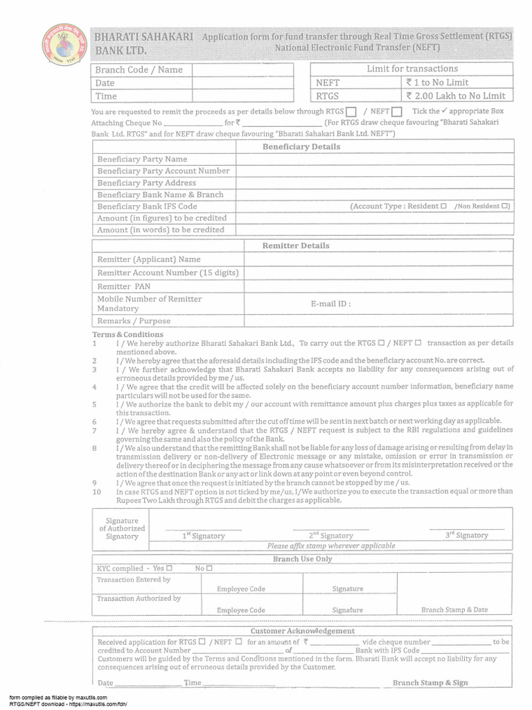 Bsb-Rtgs-Neft Fillable Form | PDF