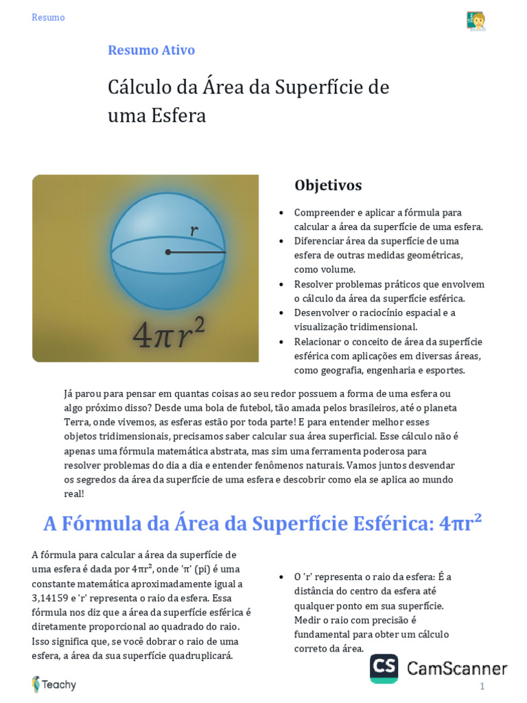 Resumo - Fórmula Da Área Da Superfície Da Esfera | PDF | Esfera | Pi