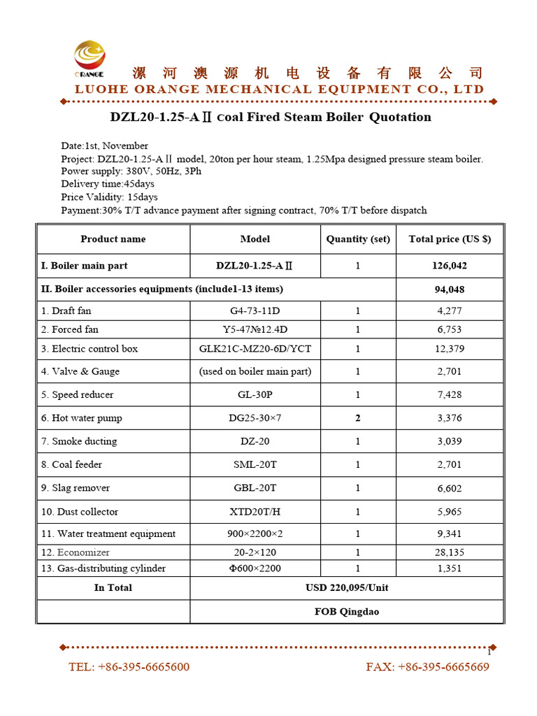 Coal Fired Steam Boiler 20 Ton Quotation | PDF | Boiler | Mechanical ...