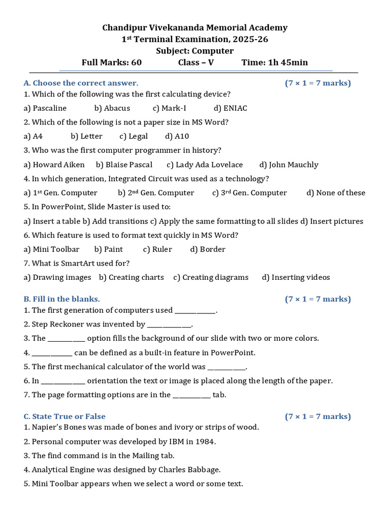 Class 5 Computer Question Paper | PDF | Computing | Office Equipment
