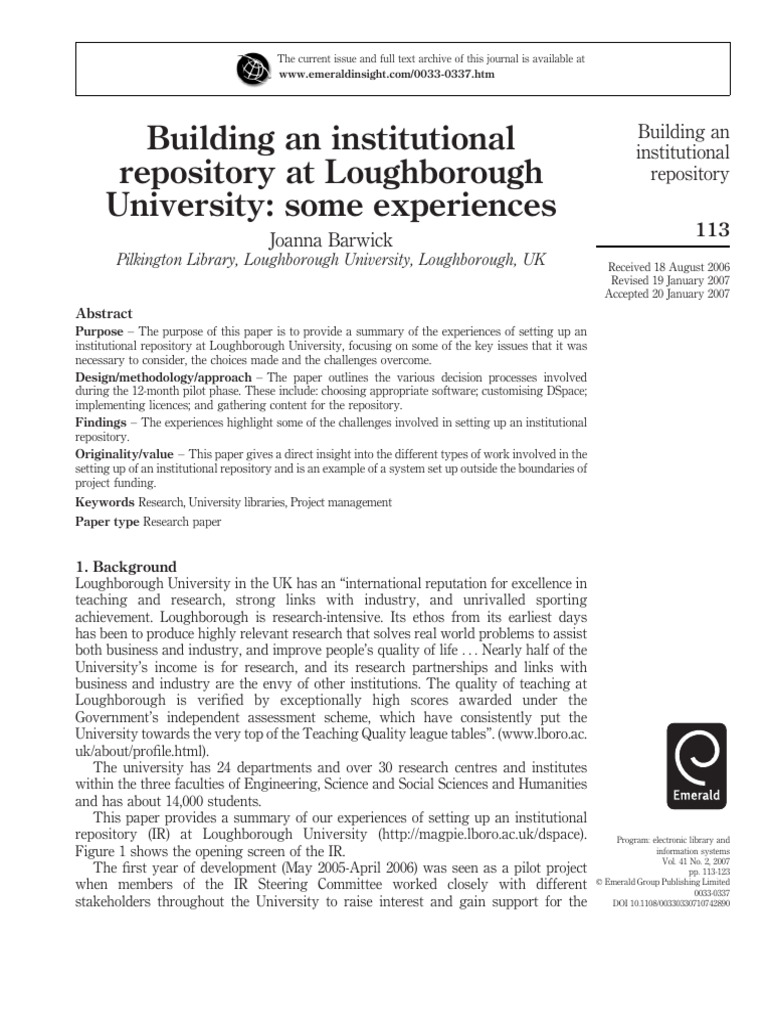 Building An Institutional Repository at Loughborough University: Some ...
