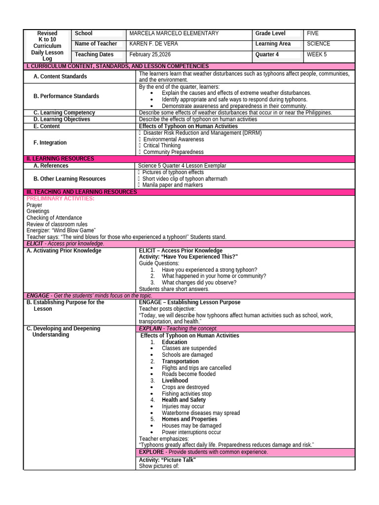Q4 WEEK 5 DAY 3 Lesson Plan For Grade 5 | PDF | Teachers | Learning