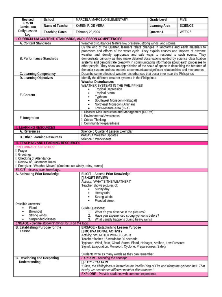 Q4 WEEK 5 DAY 1 Lesson Plan For Grade 5 | PDF | Tropical Cyclones | Rain