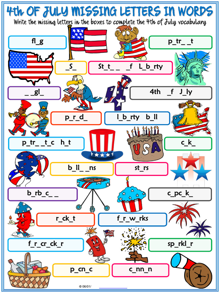 4th of July Vocabulary Esl Missing Letters in Words Worksheet For Kids ...