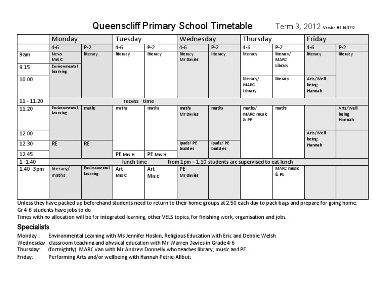 Queenscliff Primary School Term 3 Timetable | PDF | Language Arts ...