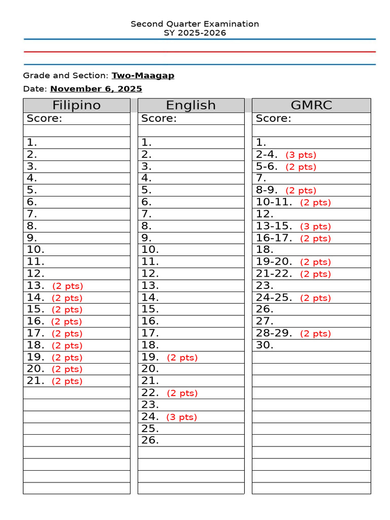 Answer Sheet SY 2025 2026 | PDF