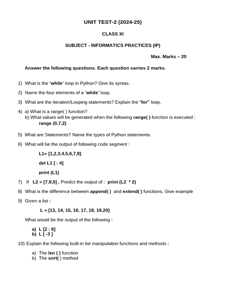 Question Paper of Unit Test 2 Class XI (2024-25) IP | PDF