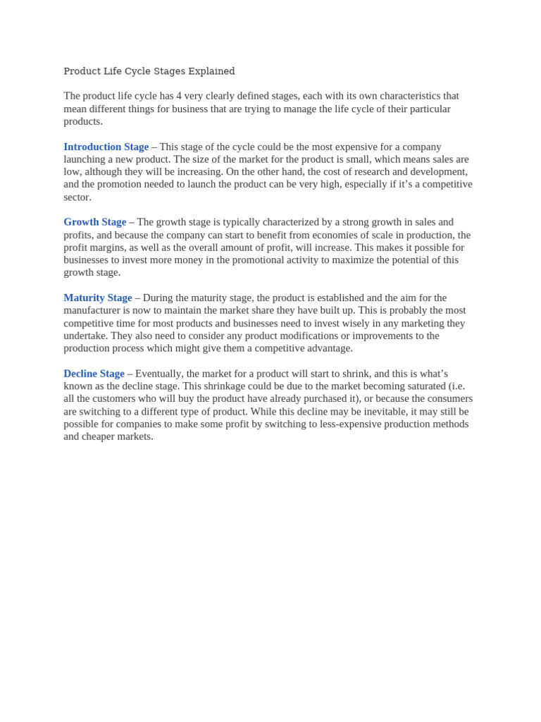 Introduction Stage: Product Life Cycle Stages Explained | PDF