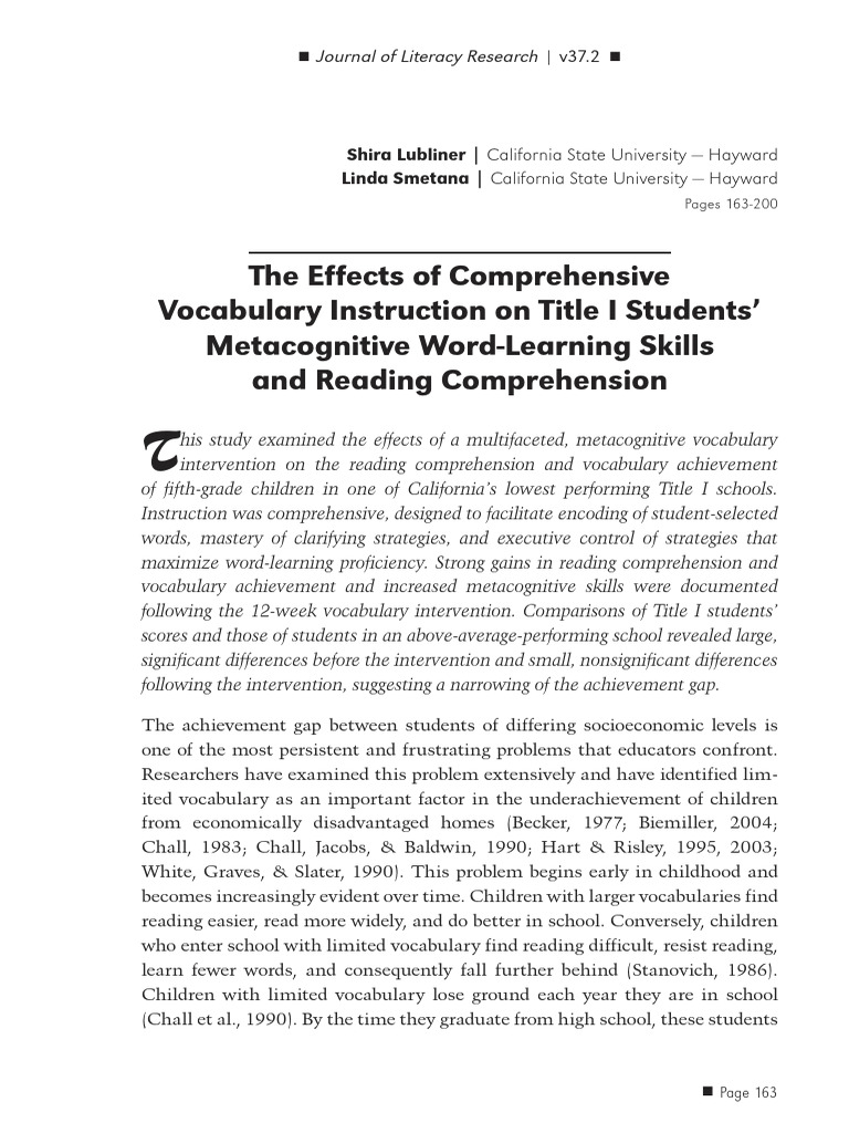 Lubliner Smetana 2005 The Effects of Comprehensive Vocabulary ...