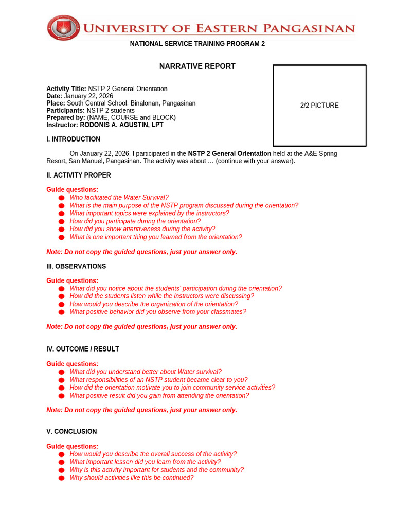 Narrative Report: National Service Training Program 2 | PDF