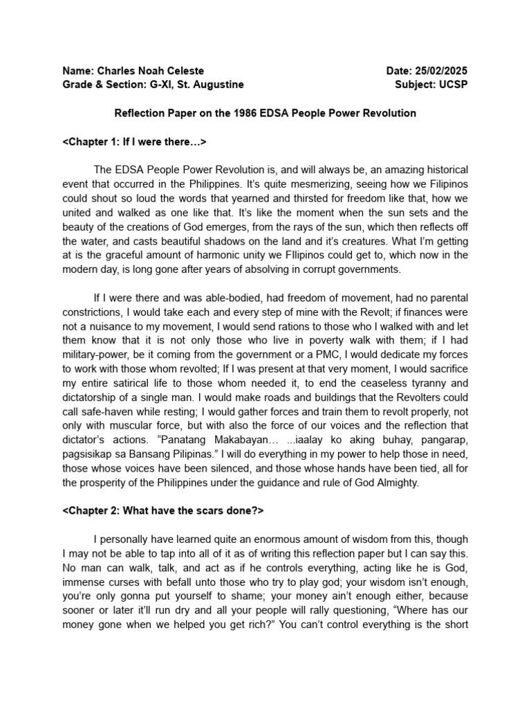 Reflection Paper On The 1986 EDSA People Power Revolution | PDF