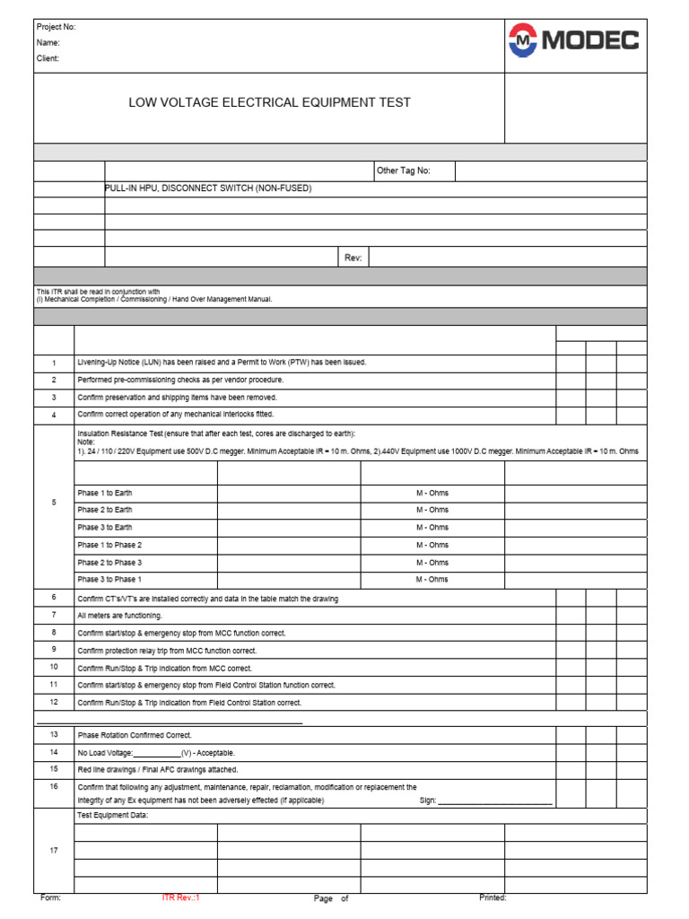 Itr-E-01b Low Voltage Electrical Equipment Test | PDF | Manufactured ...
