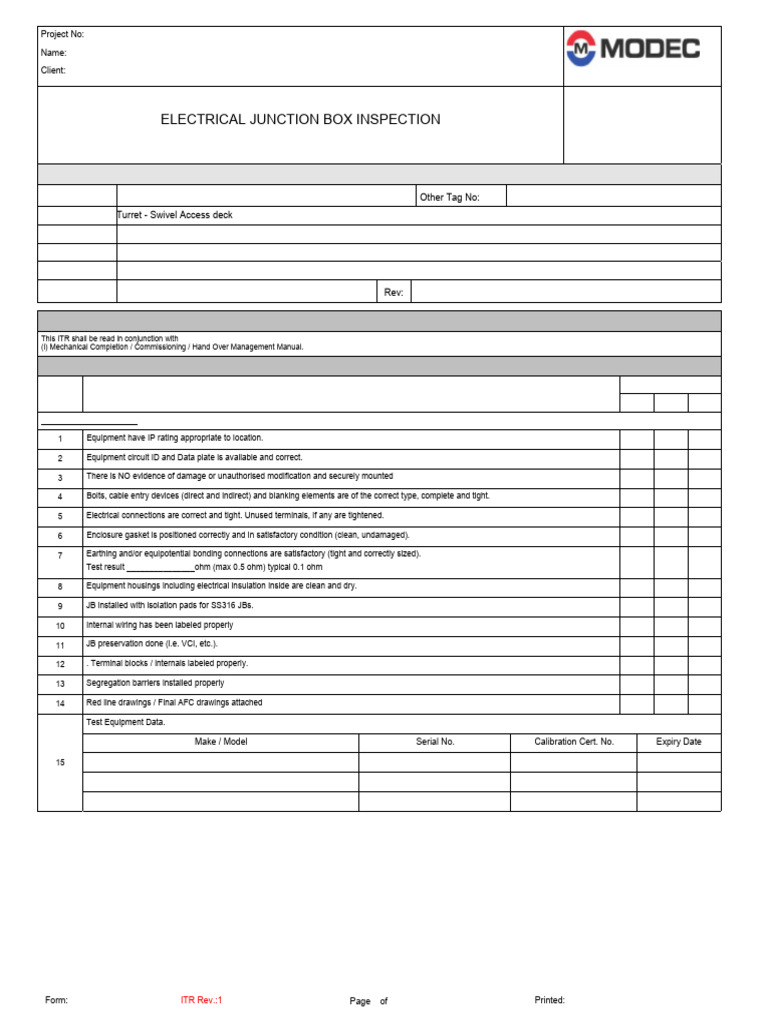 Itr-E-04a Electrical Junction Box Inspection | PDF | Electrical ...