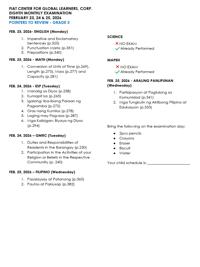 8th Pointers Grade 3 | PDF