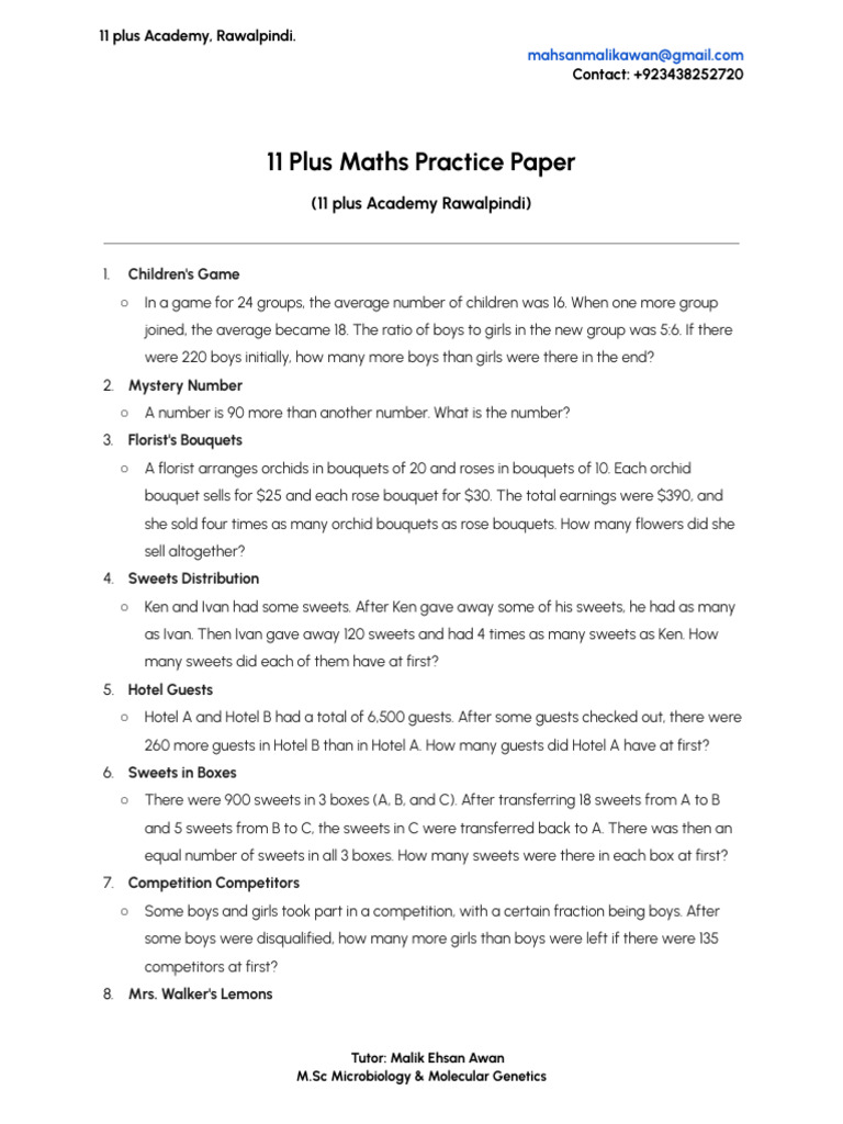 11 Plus Academy Maths Paper 2024. | PDF | Flower Bouquet | Chess Theory