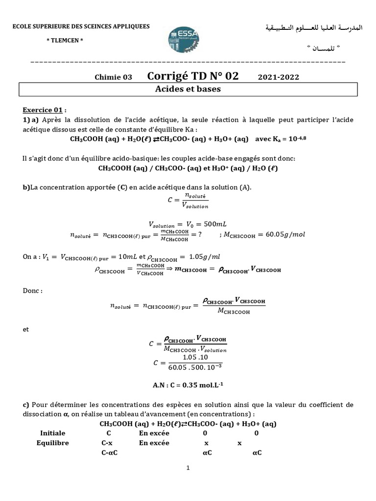Corrigé TD 02 Chimie 03 - 2021-2022 | PDF | Ph | Dissociation (chimie)