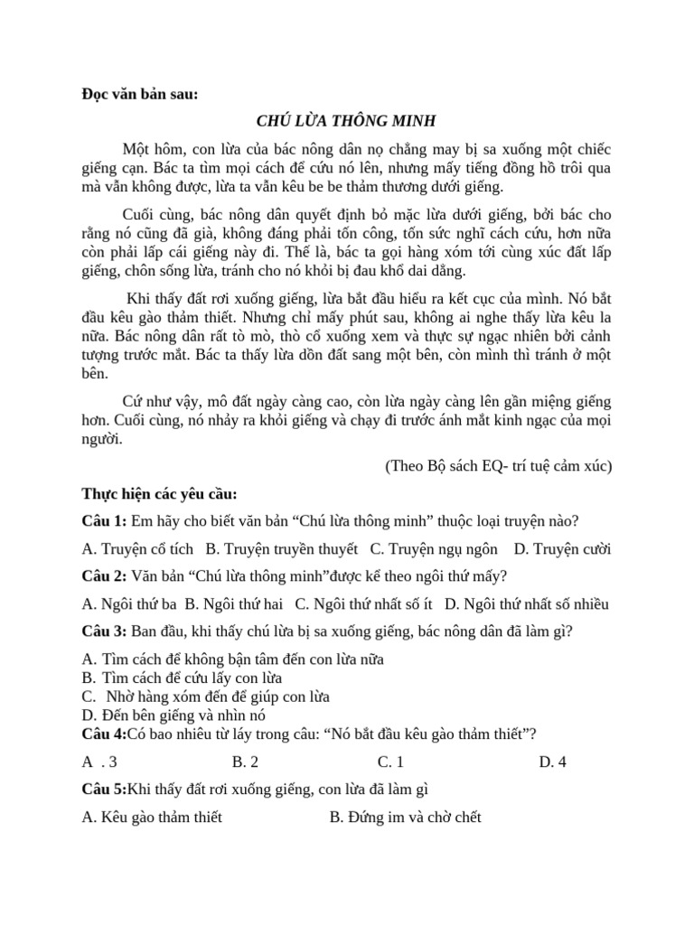 Bộ Đề Truyện Ngụ Ngôn - Ngữ Văn 7 - Hs | PDF
