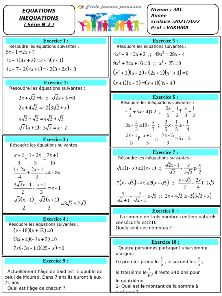 Equations Et Inequations Serie D Exercices Maths 3AC Word 5 | PDF
