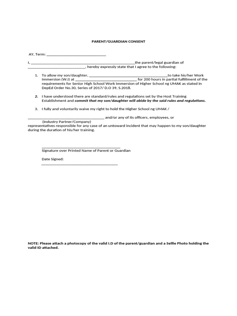 Work Immersion Waiver Parent Consent Form | PDF
