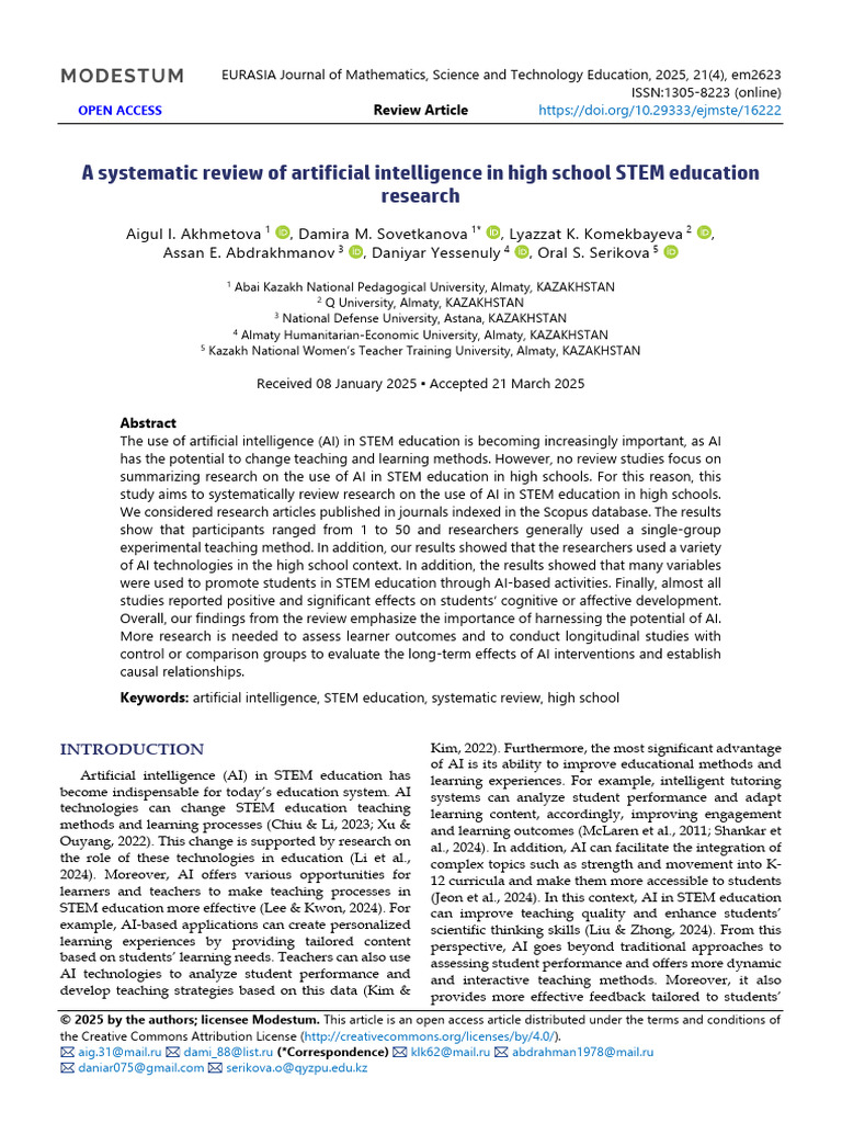 A Systematic Review of Artificial Intelligence in High School Stem ...
