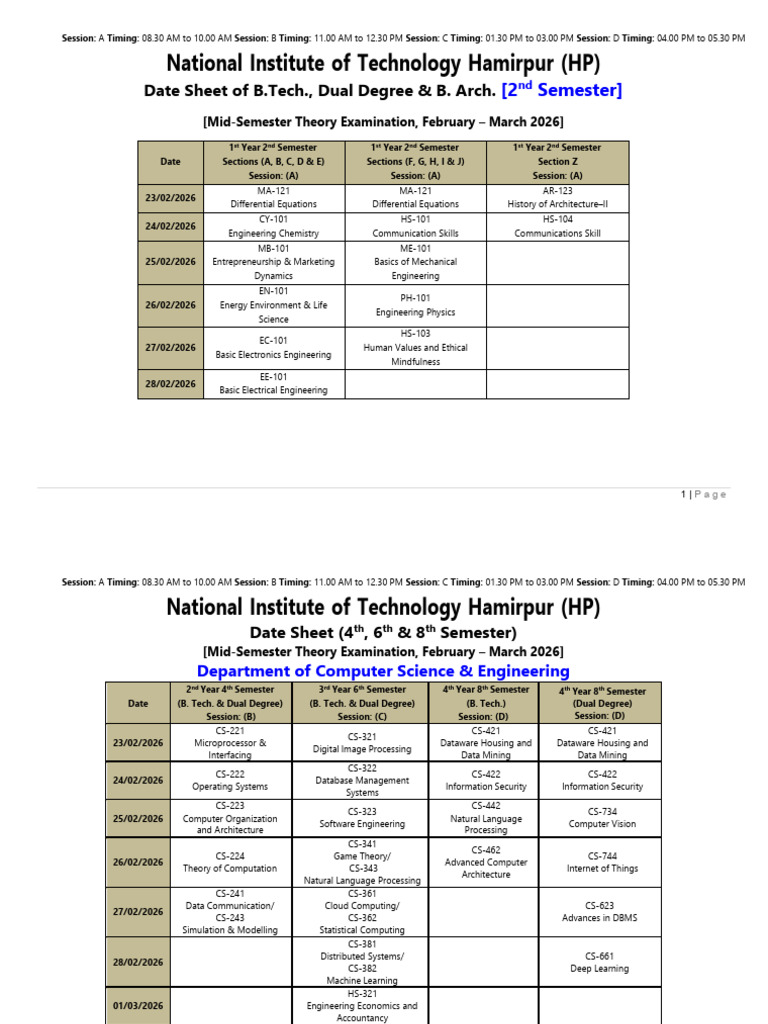 Mid Sem Date Sheet2026 | PDF | Statistics | Engineering