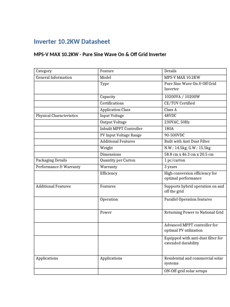 MPS-V MAX 10.2KW Solar Inverter Datasheet | PDF | Power Inverter ...