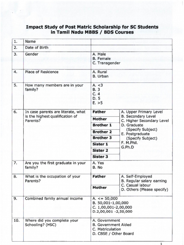 Questionnaire For Impact Study of Post Matric Scholarship For SC ...
