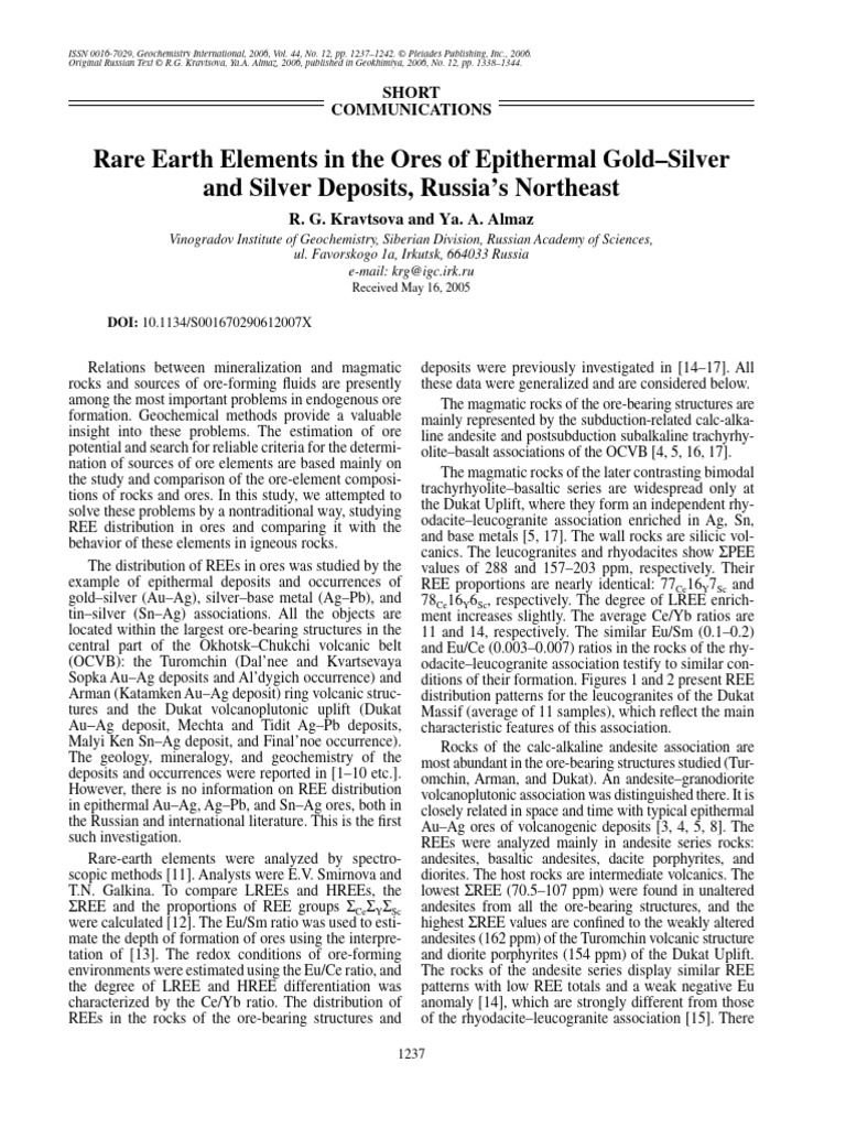 Rare Earth Elements in The Ores of Epithermal Gold-Silver | PDF | Ore ...