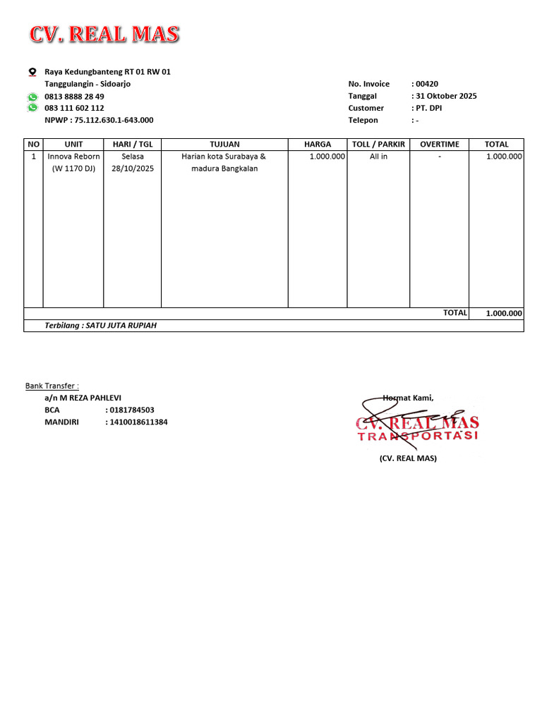 Invoice 420 - 31 Okt 2025 - PT DPI | PDF