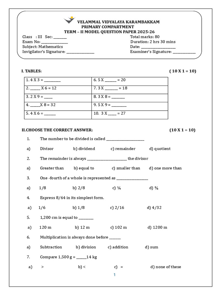 Class 3 Model QP Term 2 - Maths - 260224 - 190818 | PDF | Division ...