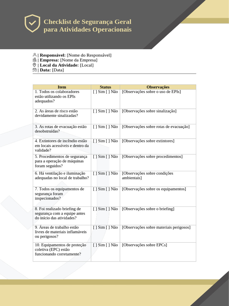 Checklist de Segurança Geral para Atividades Operacionais | PDF