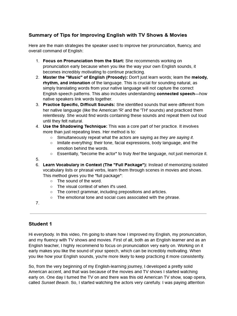 Summary of Tips For Improving English With TV Shows & Movies | PDF ...
