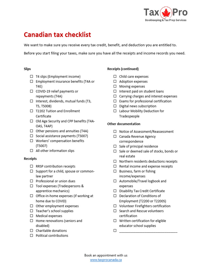 Canadian Tax Checklist | PDF | Expense | Taxes