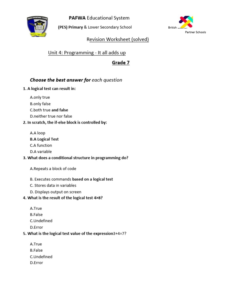Computing Revision Worksheet Grade 7 Unit#4 | PDF | Control Flow ...