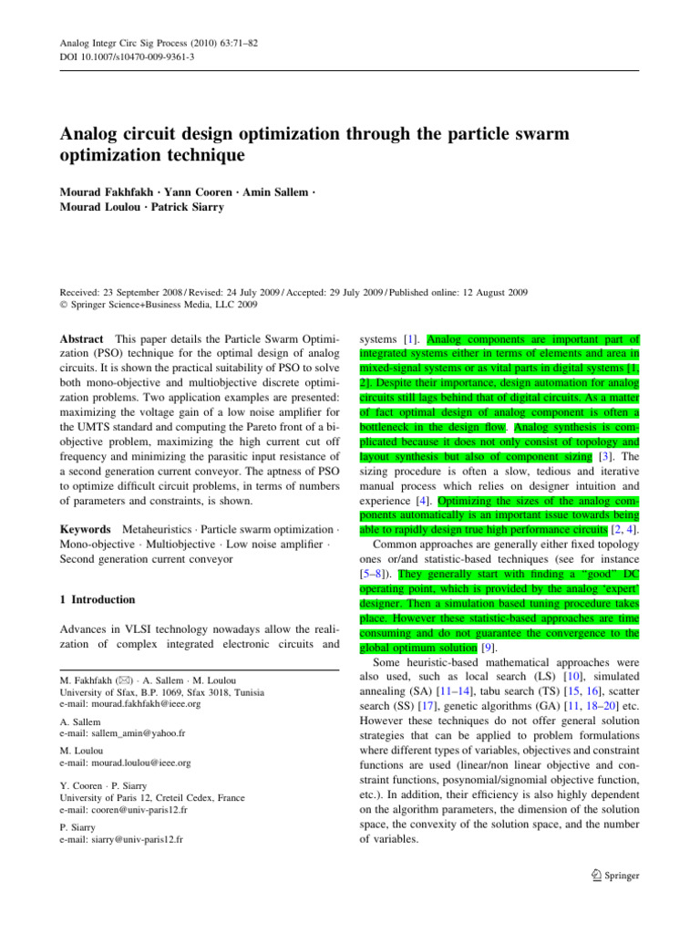 Analog Circuit Design Optimization Through The Particle Swarm | PDF ...