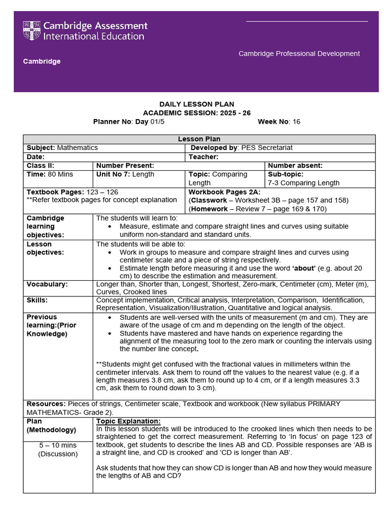 Cambridge Lesson Plan - Grade 2 - Week 16 | PDF | Lesson Plan ...