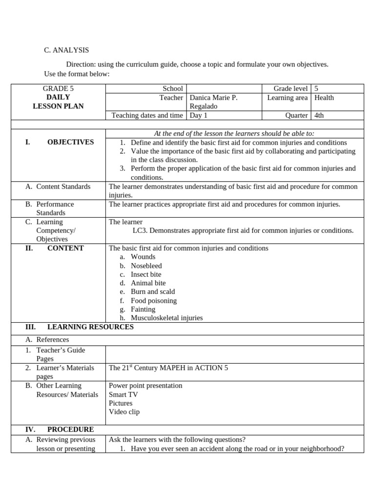 Lesson Plan in Mapeh Moule 3 | PDF | Learning | First Aid