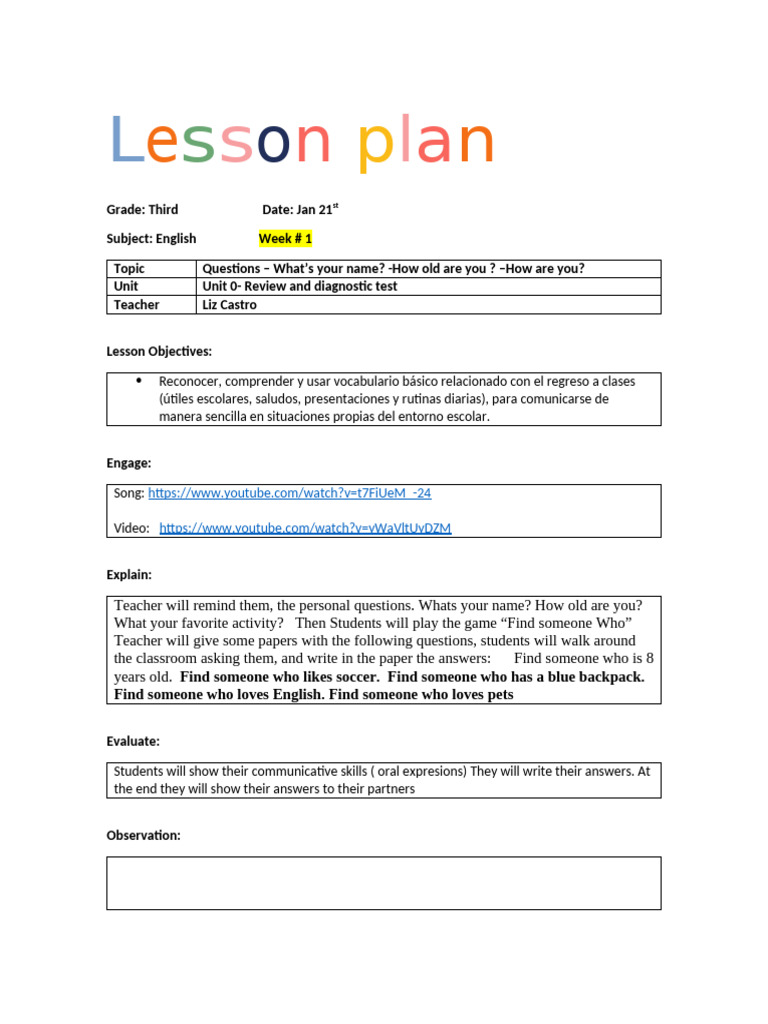 Lesson Planner Jan 21ST To 30TH | PDF | Lesson Plan | Human Communication