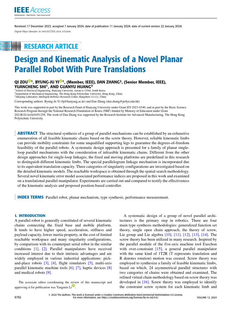 Design and Kinematic Analysis of A Novel Planar Parallel Robot With ...