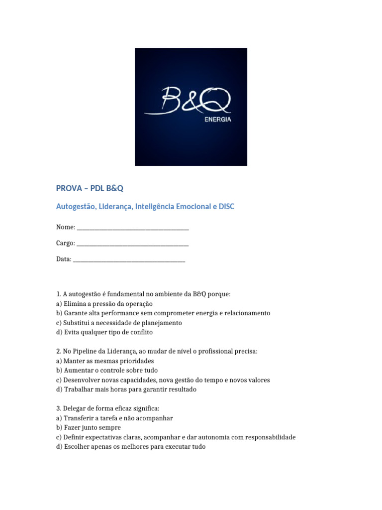 Prova PDL BQ Com Disc | PDF | Liderança | Emoções