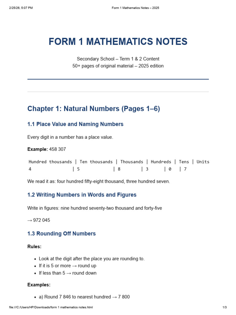 Form 1 Mathematics Notes - 2025 | PDF | Numbers | Elementary Mathematics