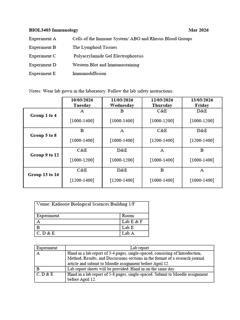 BIOL3403 - Lab Schedule and Grouping List - Feb 2026 | PDF | Life ...