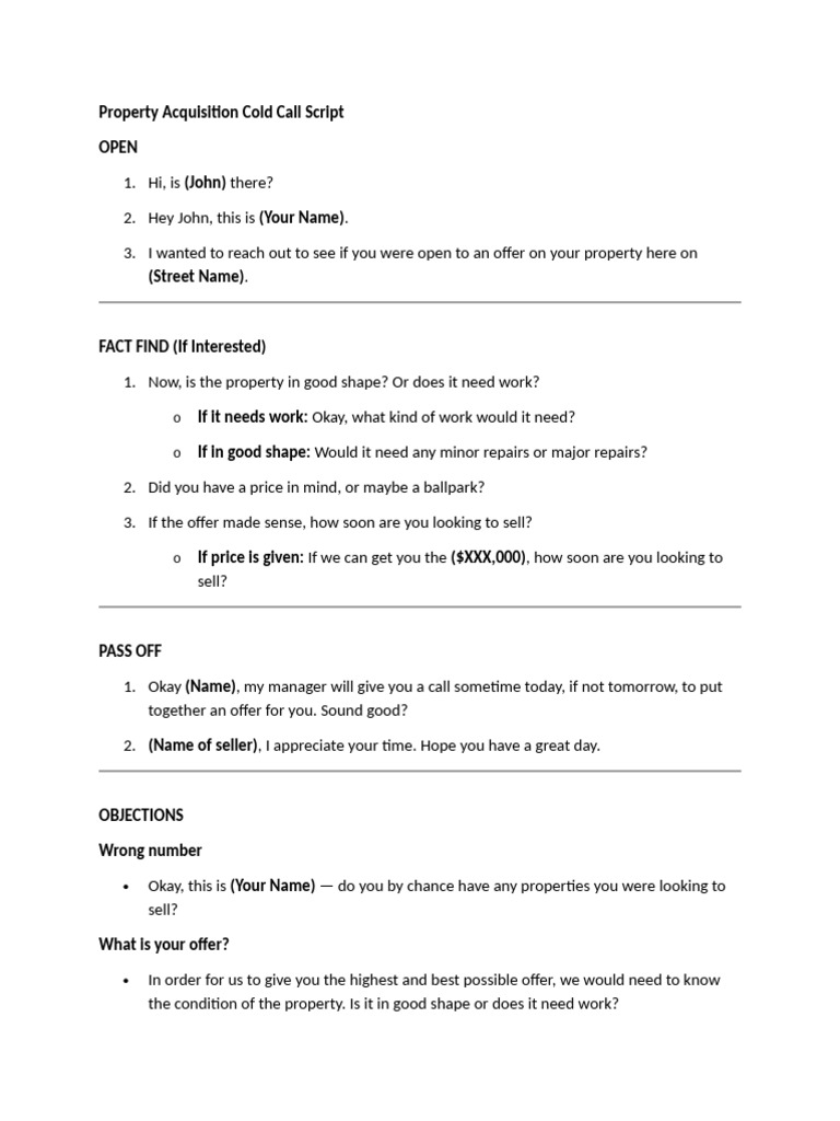 Property Acquisition Cold Call Script | PDF