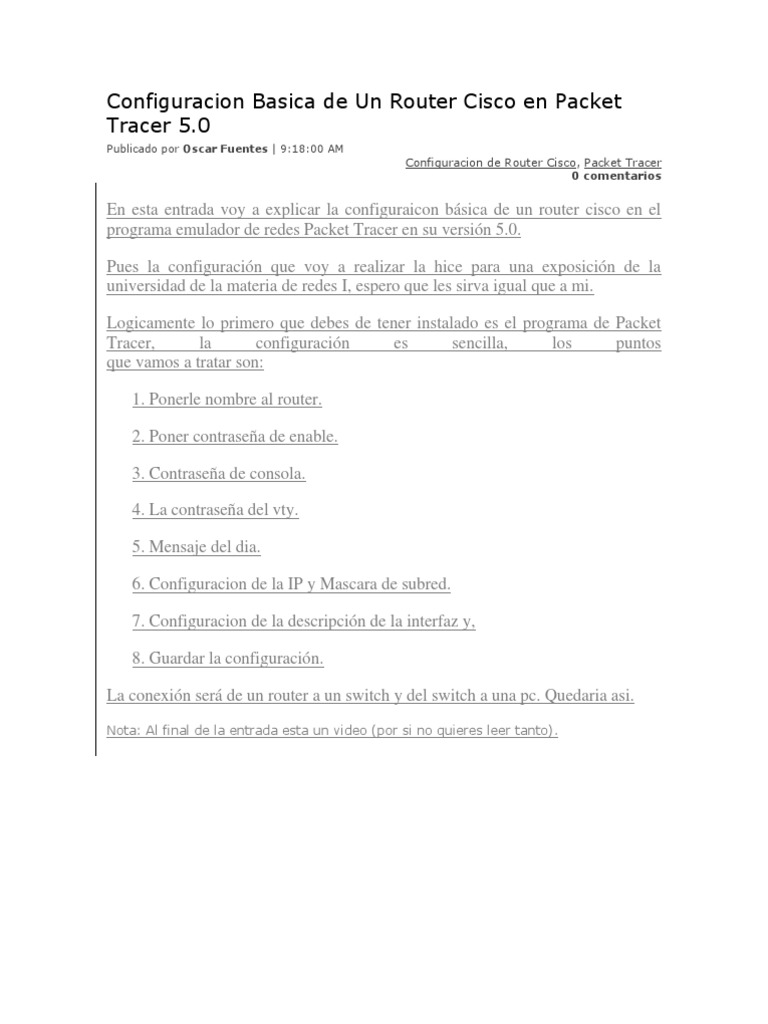 Configuracion Basica de Un Router Cisco en Packet Tracer 5 | PDF ...
