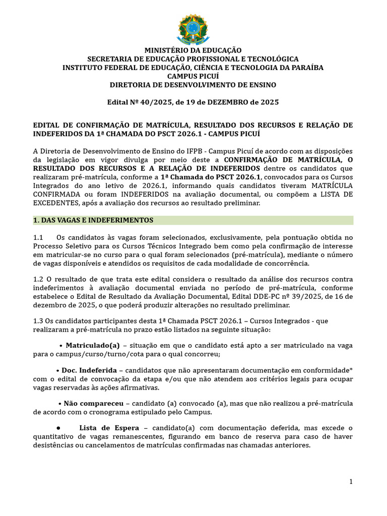 Edital DDE-PC #40-2025 - Confirmação de Matrícula - Resultado Final ...