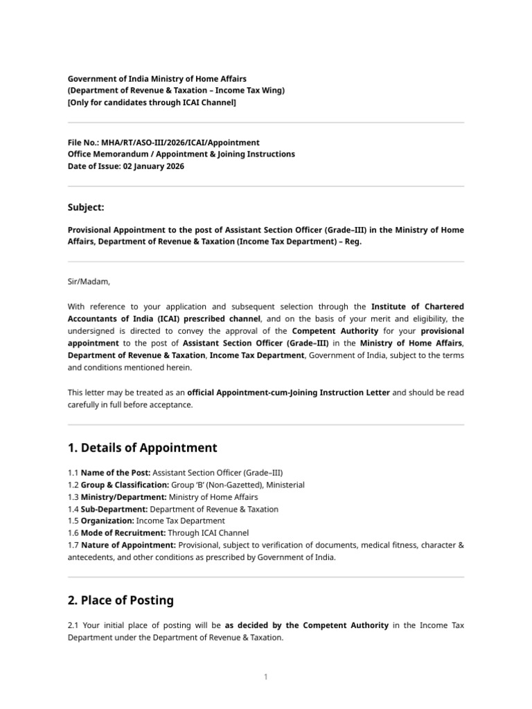 Provisional Appointment & Joining Instructions - Assistant Section ...