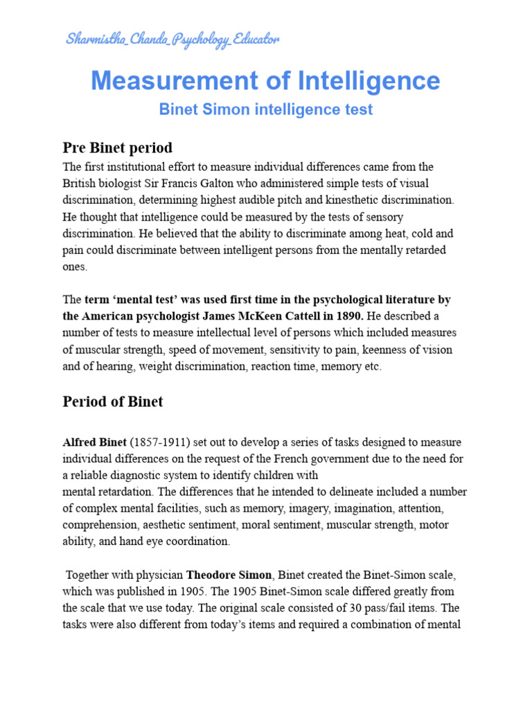 Measurement of Intelligence Binet Simon Intelligence Test. | PDF ...