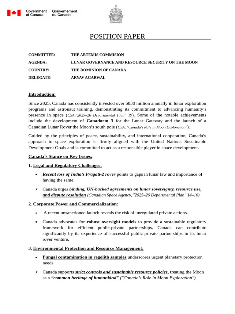 Position Paper of Canada | PDF | Moon | Governance